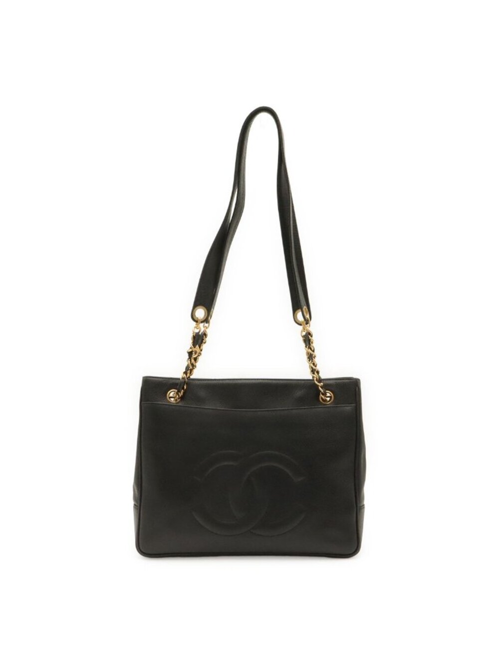 Chanel CC Logo Chain Tote Shoulder Bag Caviar Leather Black Gold
